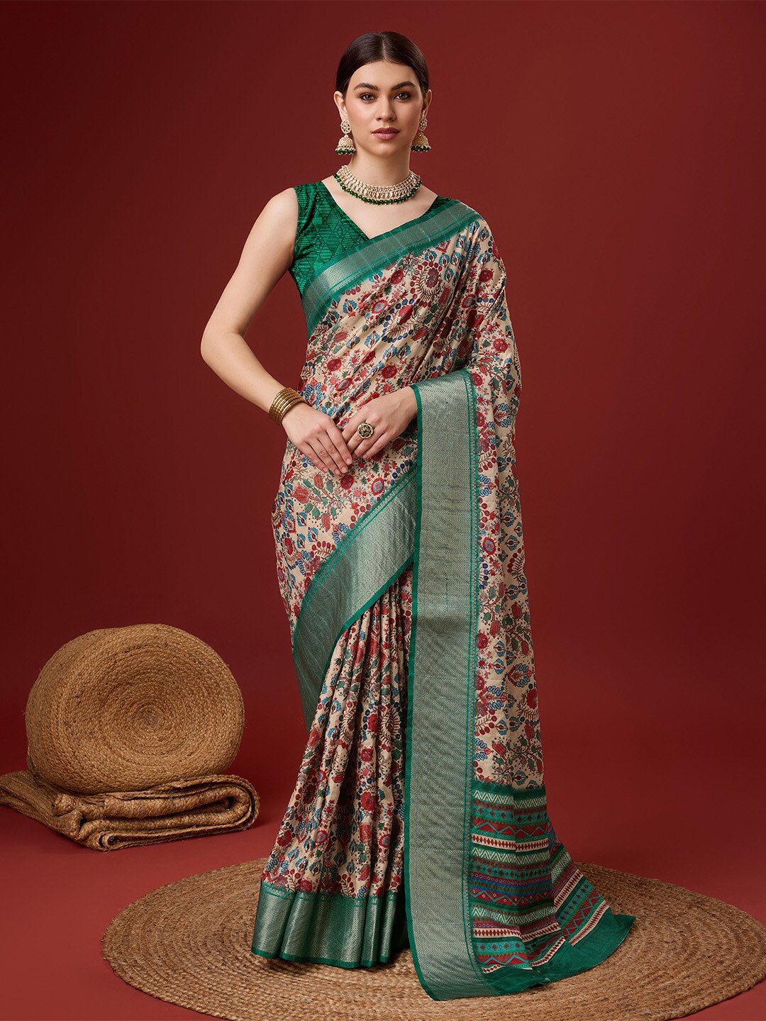 

Ishin Kalamkari Printed Zari Saree, Cream