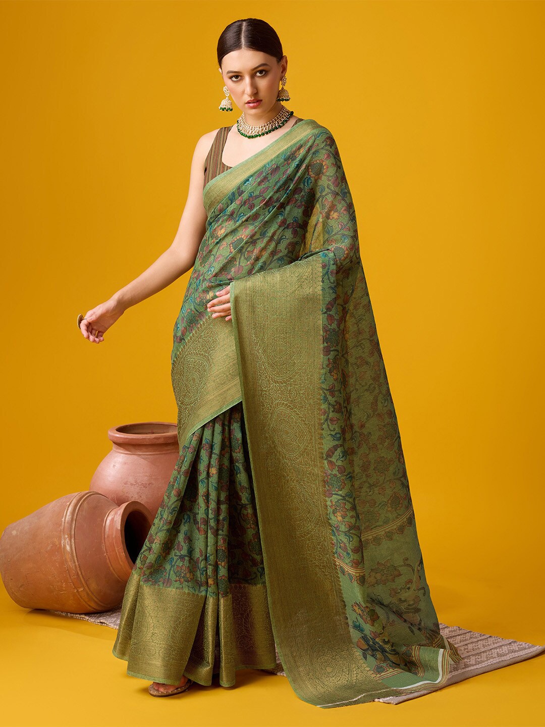 

Ishin Kalamkari Floral Printed Zari Saree, Green