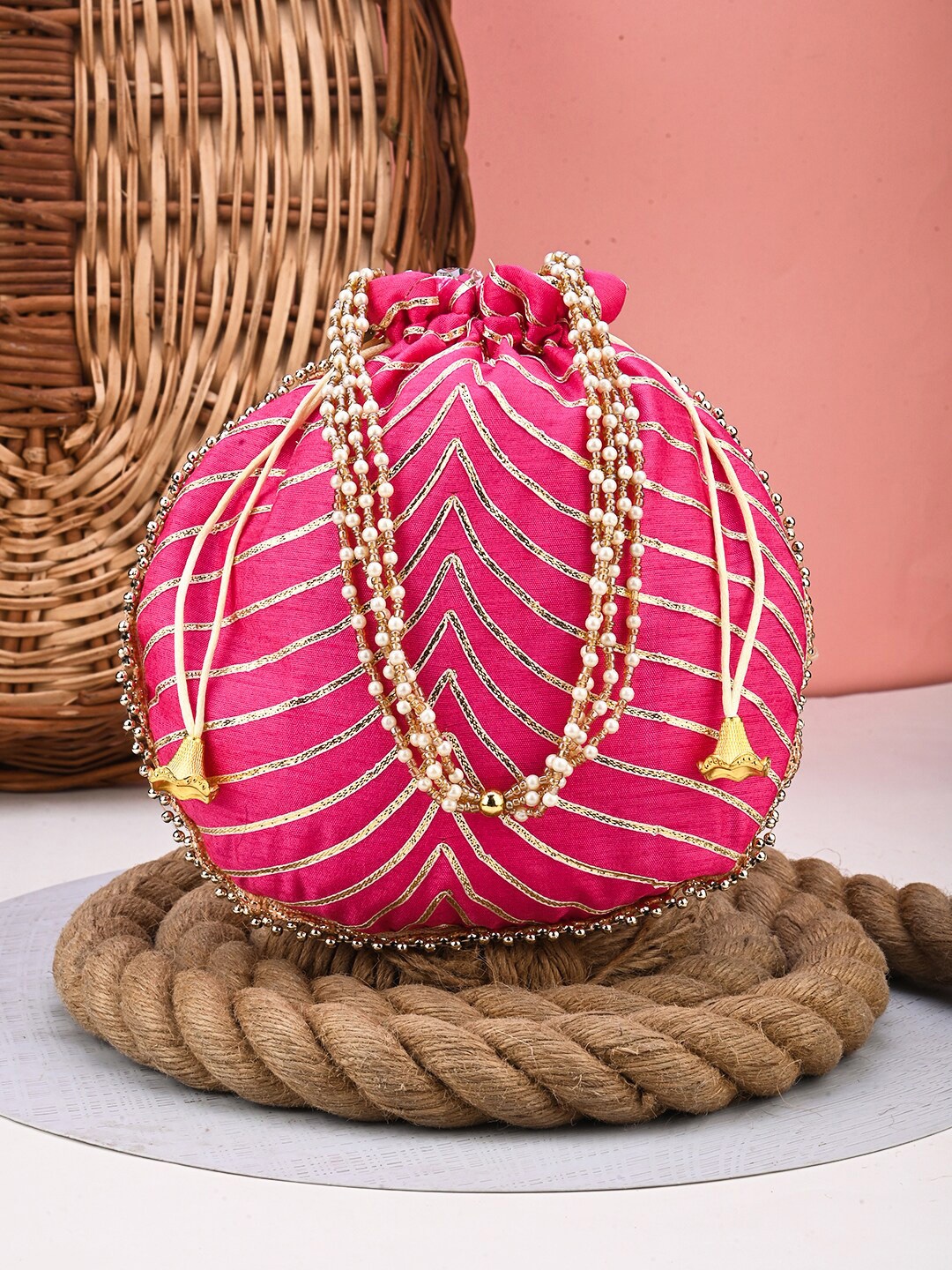

Anouk Pink Striped Potli Clutch