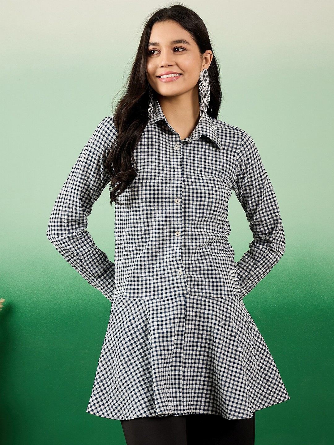 

Sangria Checked Long Sleeves Shirt Style Top, Blue