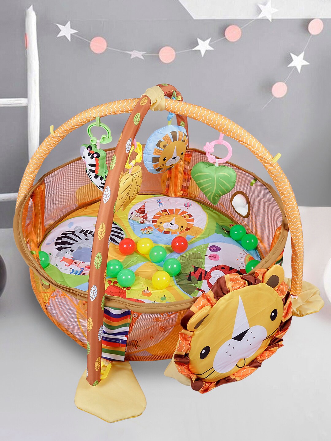 

Baby Moo Lion Infant Activity Gym With Hanging Toys And Balls Play Mat, Yellow