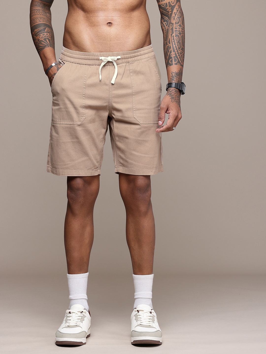 

The Roadster Life Co. Men Pure Cotton Relaxed Fit Shorts, Taupe