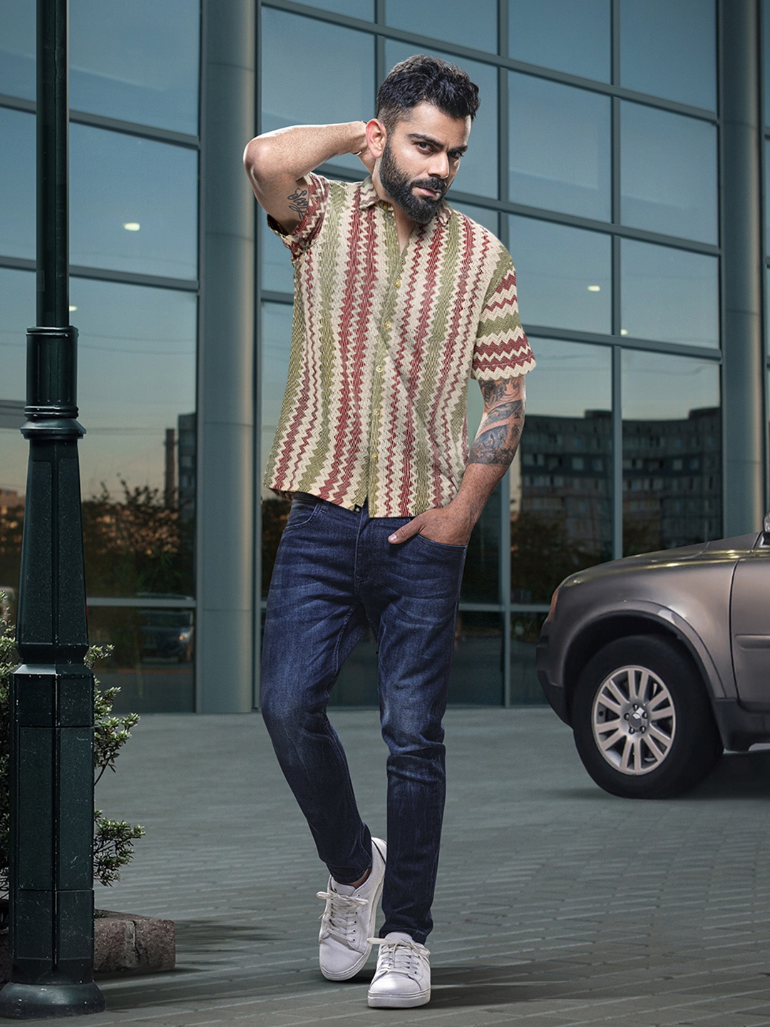 

WROGN Knitted Chevron Opaque Casual Shirt, Green
