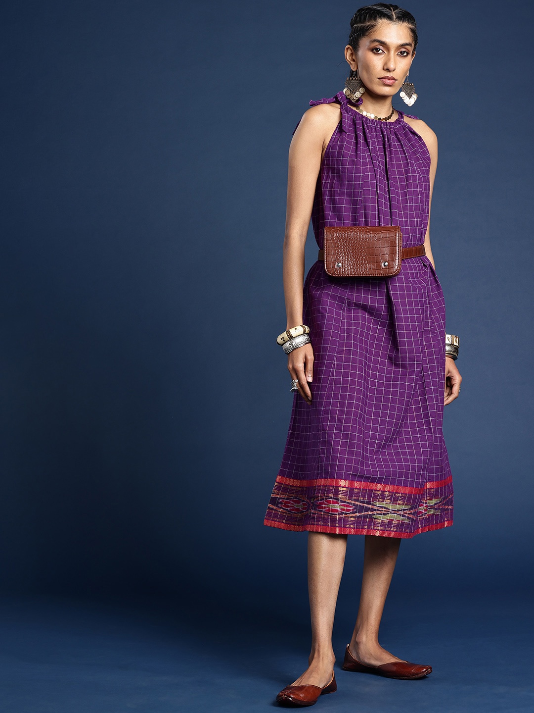 

Taavi Checked Shoulder Straps A-Line Woven Festive Ethnic Dress, Purple