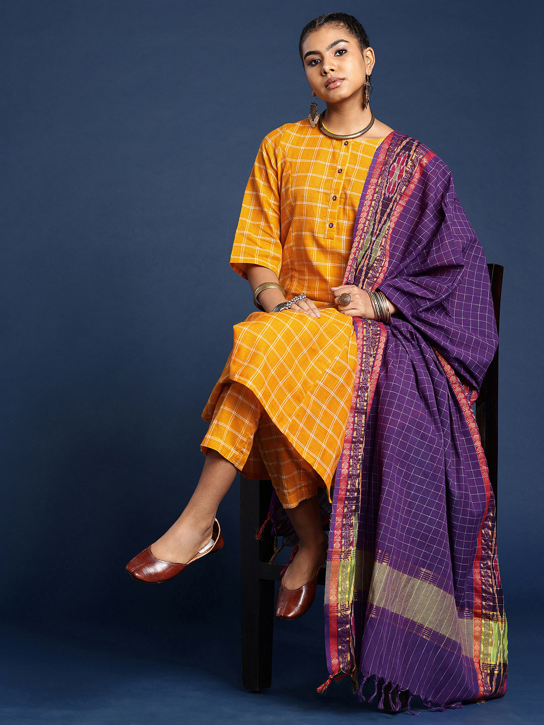 

Taavi Woven Festive Checked Pure Cotton Kurta with Trousers & With Dupatta, Yellow
