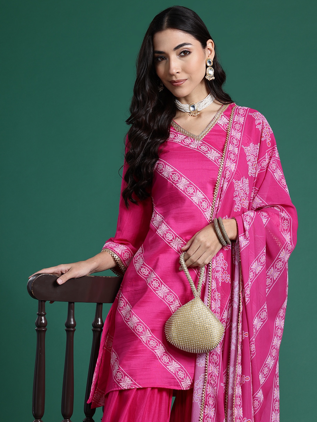 

Sangria Printed Regular Gotta Patti Kurta with Sharara & With Dupatta, Pink
