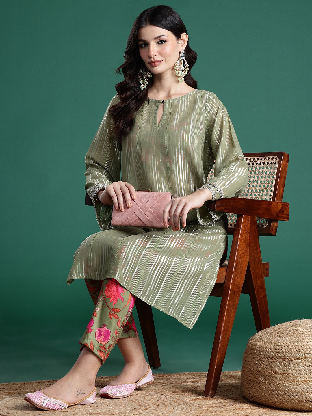 

Sangria Striped Thread-Work Lurex Kurta with Trousers & Top, Green