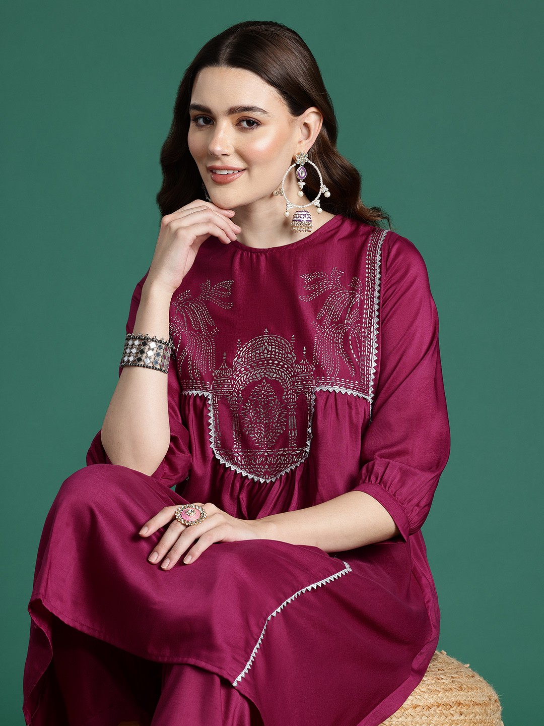 

Sangria Ethnic Motifs Printed Regular Mukaish Kurta with Salwar, Magenta