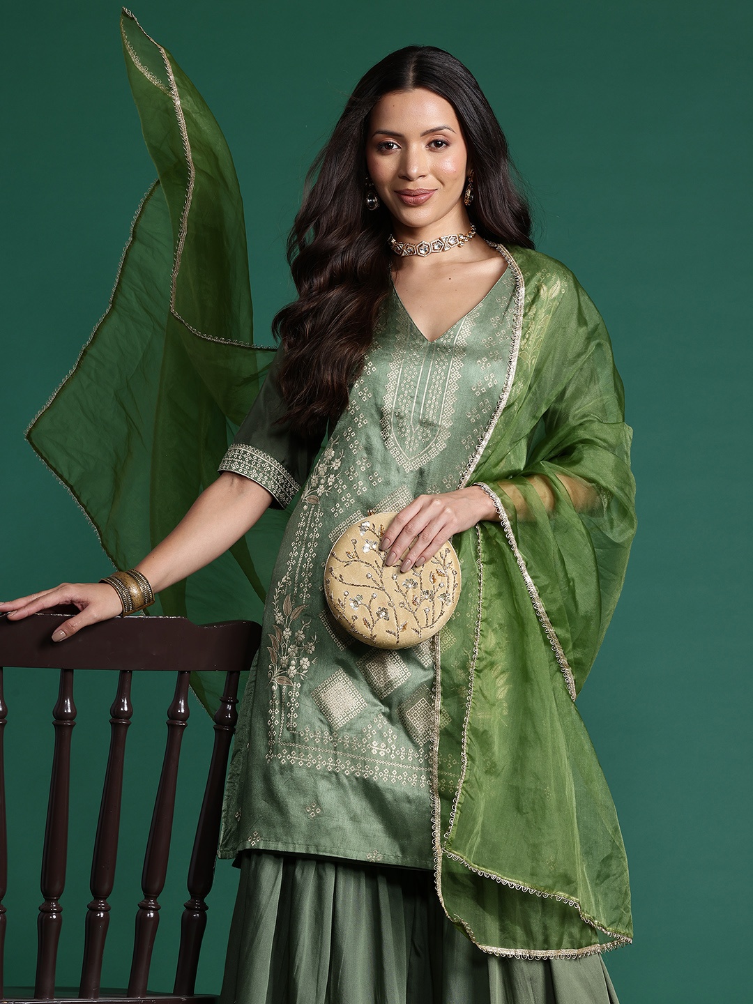 

Sangria Ethnic Motifs Brocade Patterned V-Neck Kurta with Sharara & Dupatta, Green
