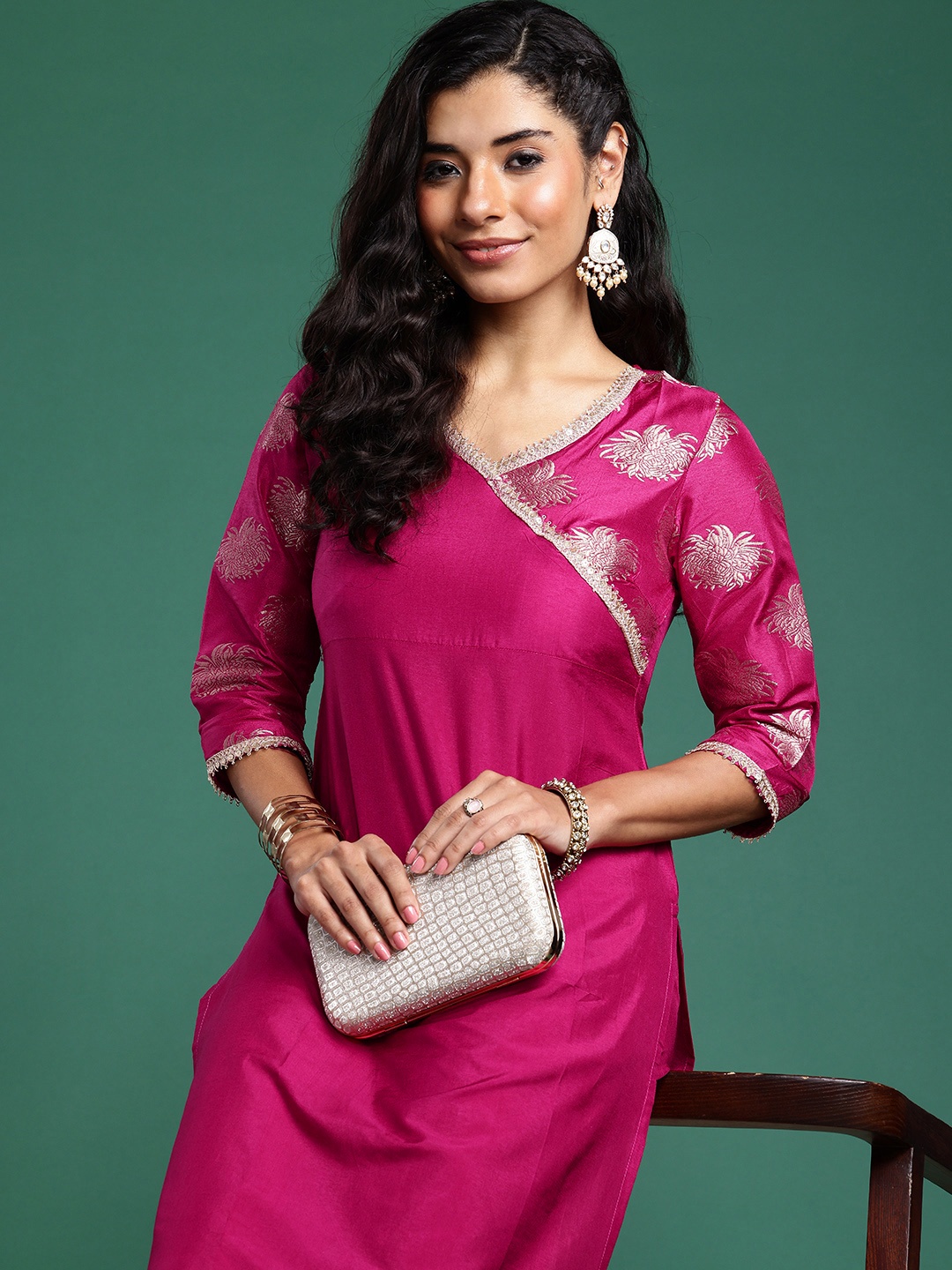 

Sangria Brocade Floral Woven Design V-Neck Angrakha Kurta with Trousers, Pink
