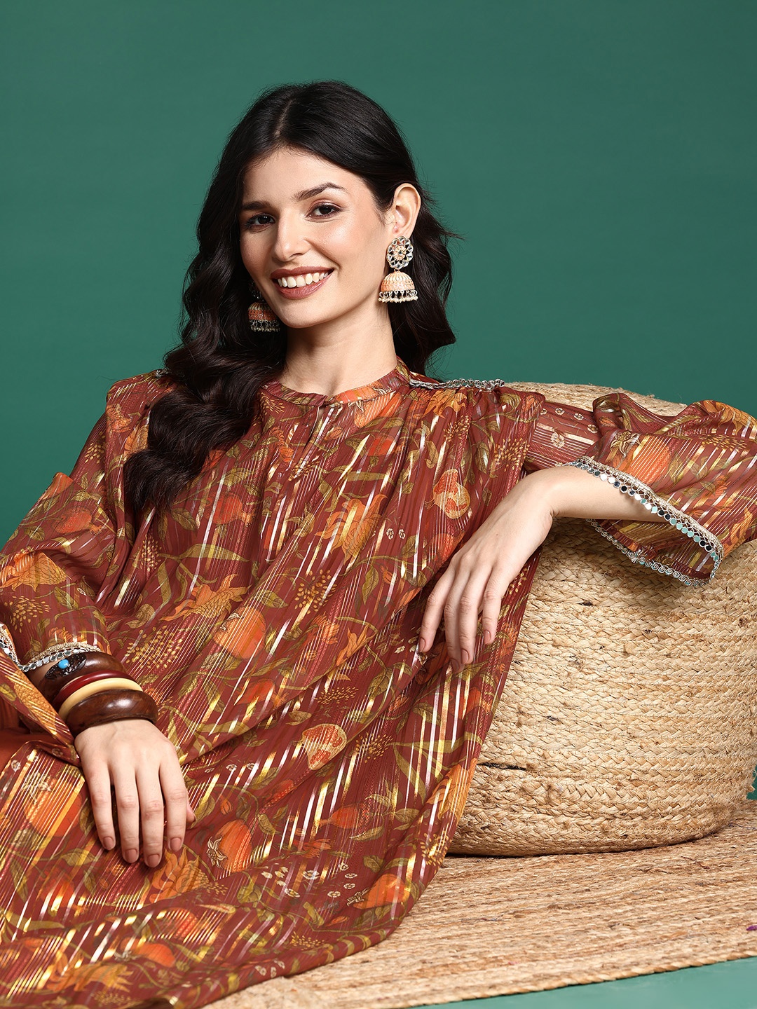 

Sangria Floral Lurex Printed Layered Kurta Set, Brown