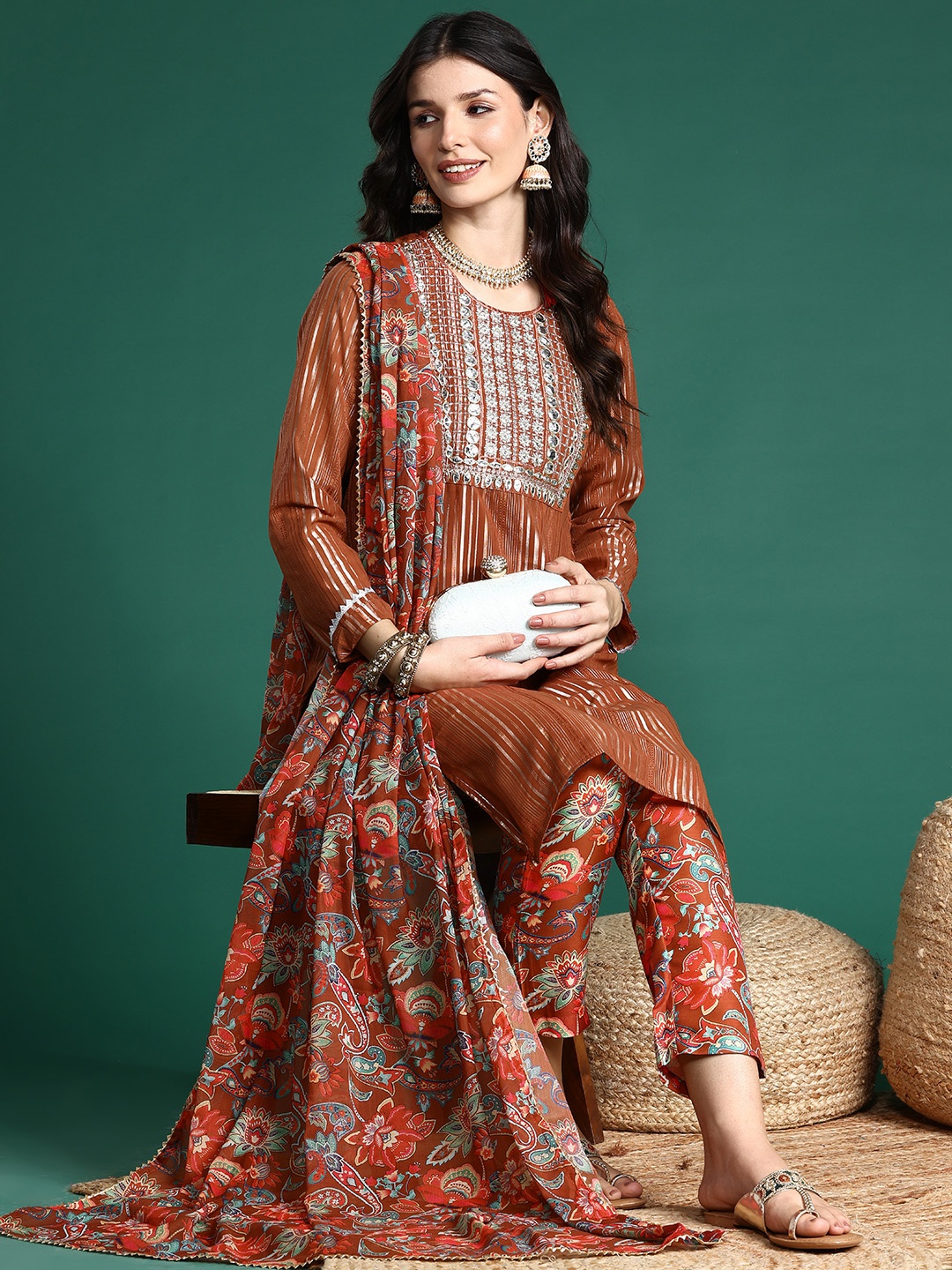 

Sangria Yoke Embroidered Floral Lurex Printed Kurta Set With Dupatta, Rust