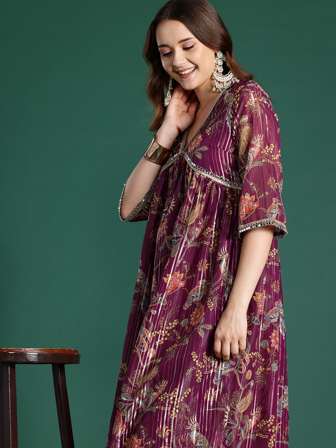 Sangria Mirror Work Lurex with Foil Floral Printed Kurta & Trousers, Purple