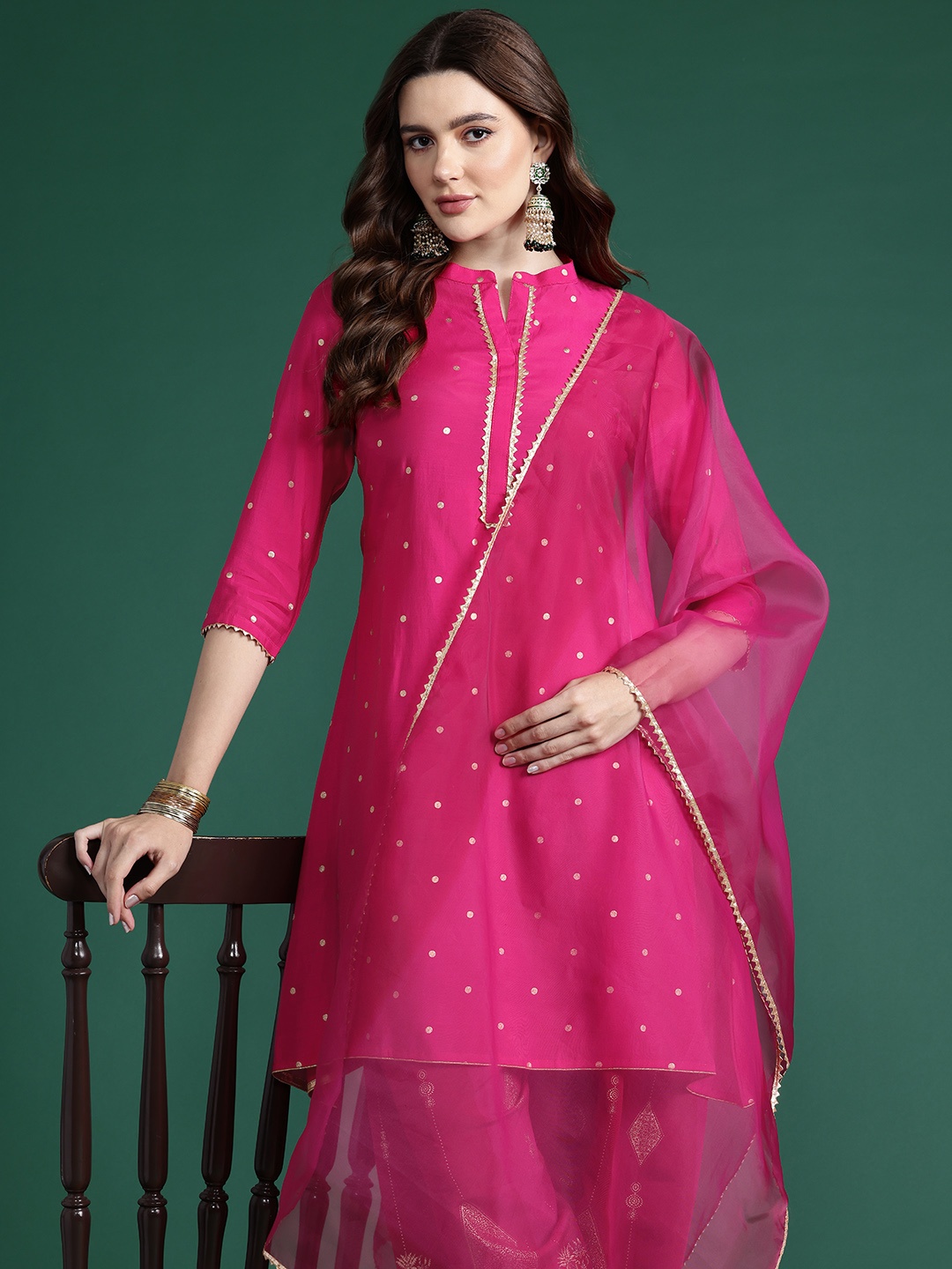 

Sangria Foil Ethnic Motifs Printed Regular Gotta Patti Kurta with Salwar & With Dupatta, Pink