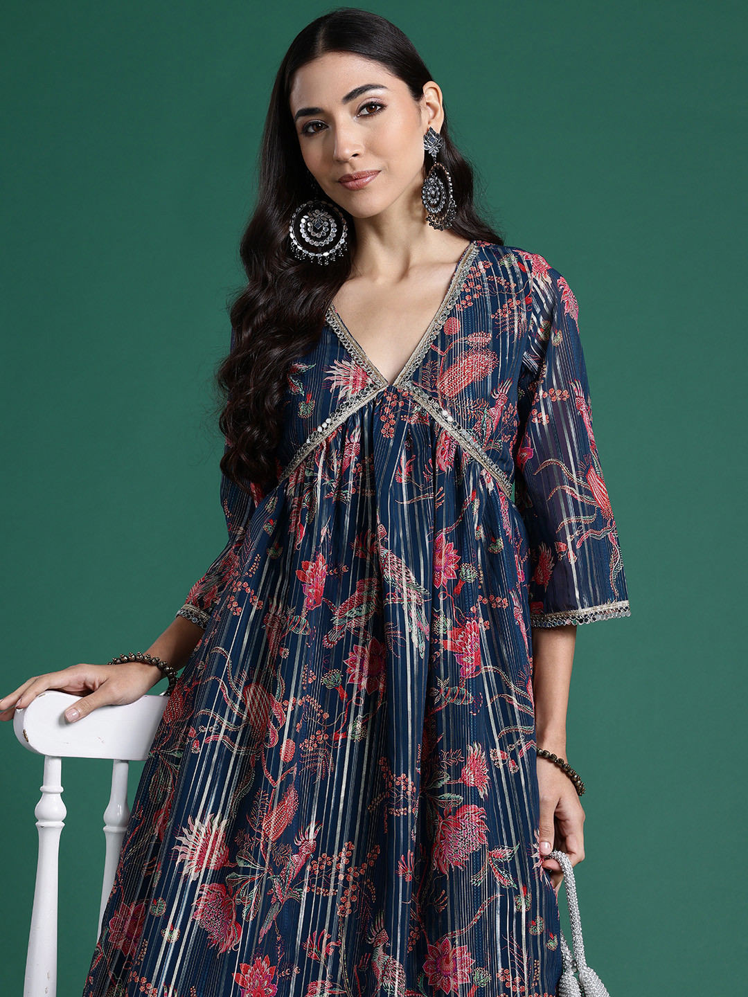 

Sangria Floral Printed Empire Mirror Work Lurex Detailed Kurta with Trousers, Navy blue