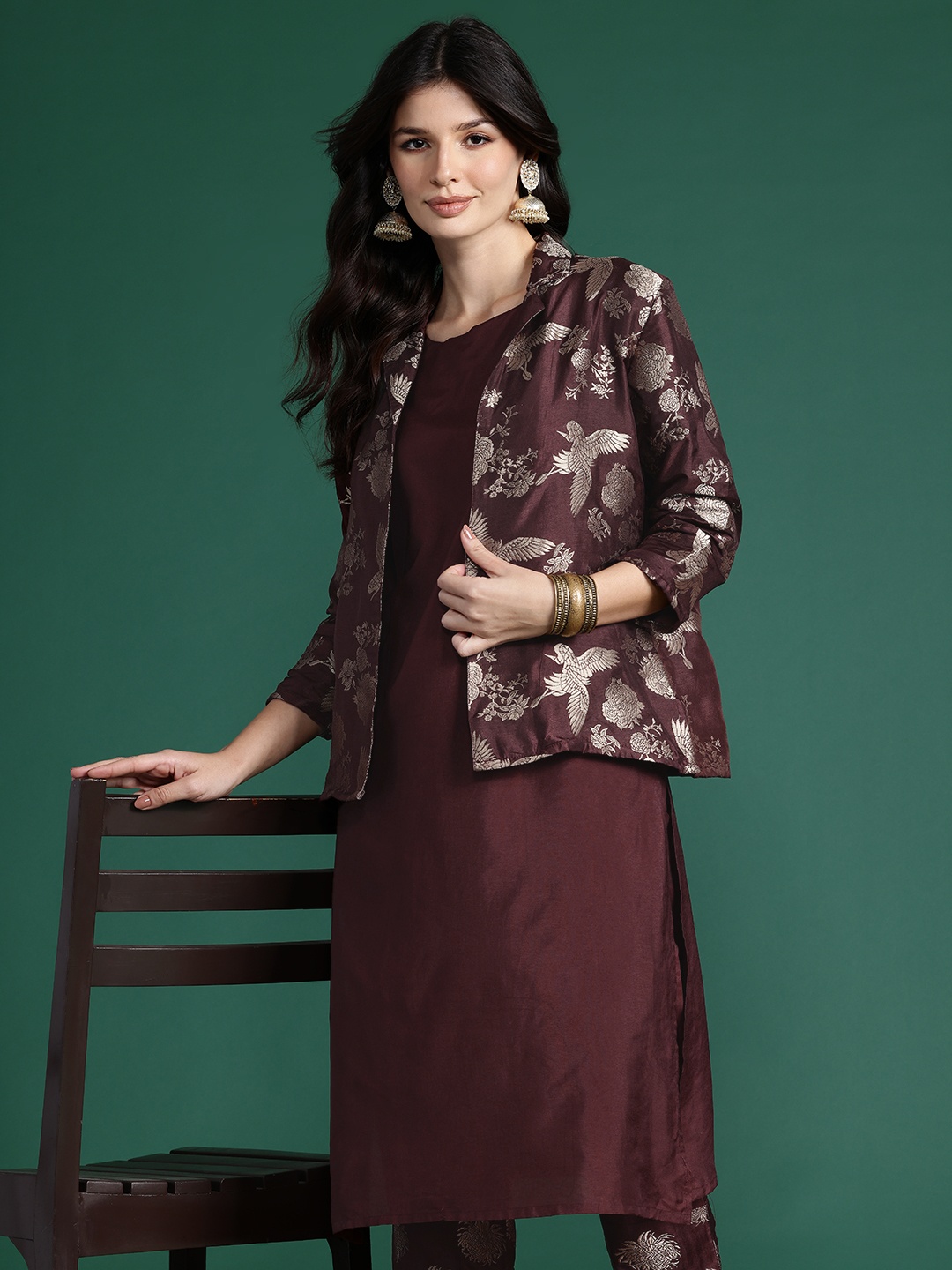 

Sangria Ethnic Motifs Brocade Kurta with Trousers with Jacket, Brown