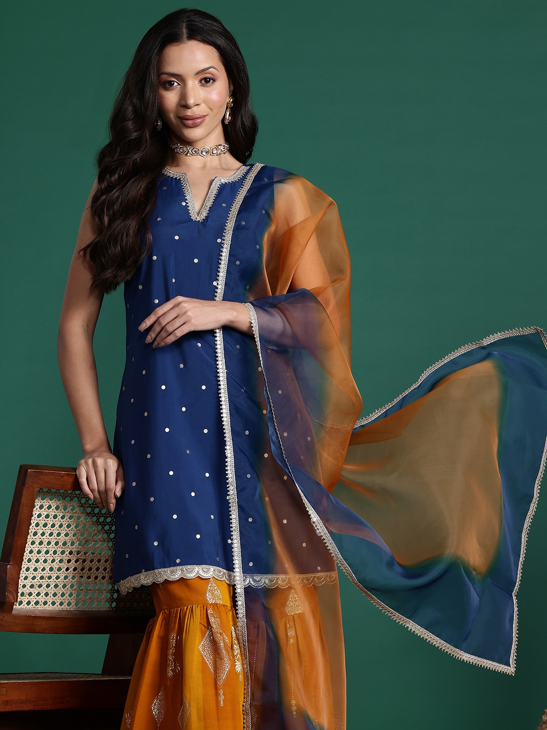 

Sangria Ethnic Motifs Foil Print Gotta Patti Kurta with Sharara & Dupatta, Navy blue