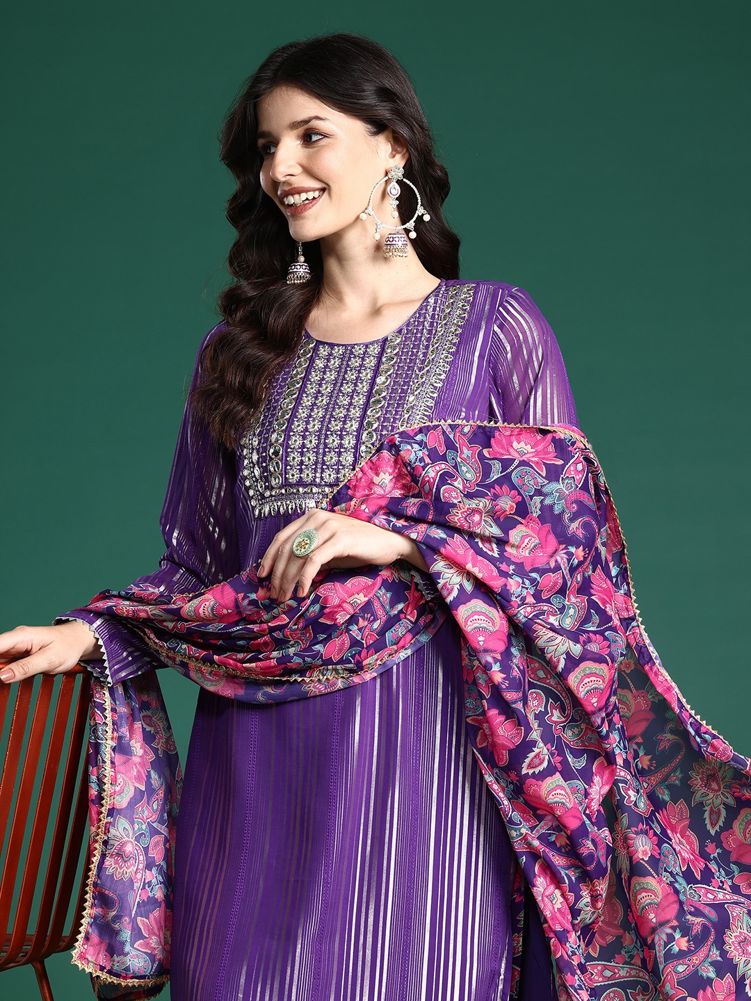 

Sangria Yoke Embroidered Floral Lurex Printed Kurta Set With Dupatta, Purple