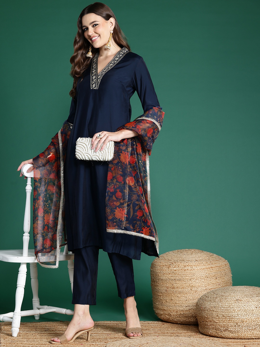 

Sangria Women Embroidered Regular Sequinned Kurta with Trousers & Dupatta, Navy blue