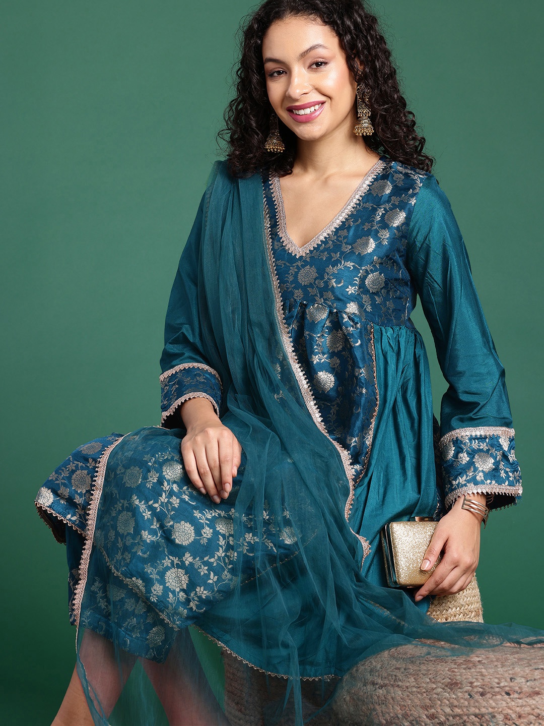 

Sangria Ethnic Motifs Embroidered V-Neck Brocade Woven Kurta With Trouser & Dupatta, Teal