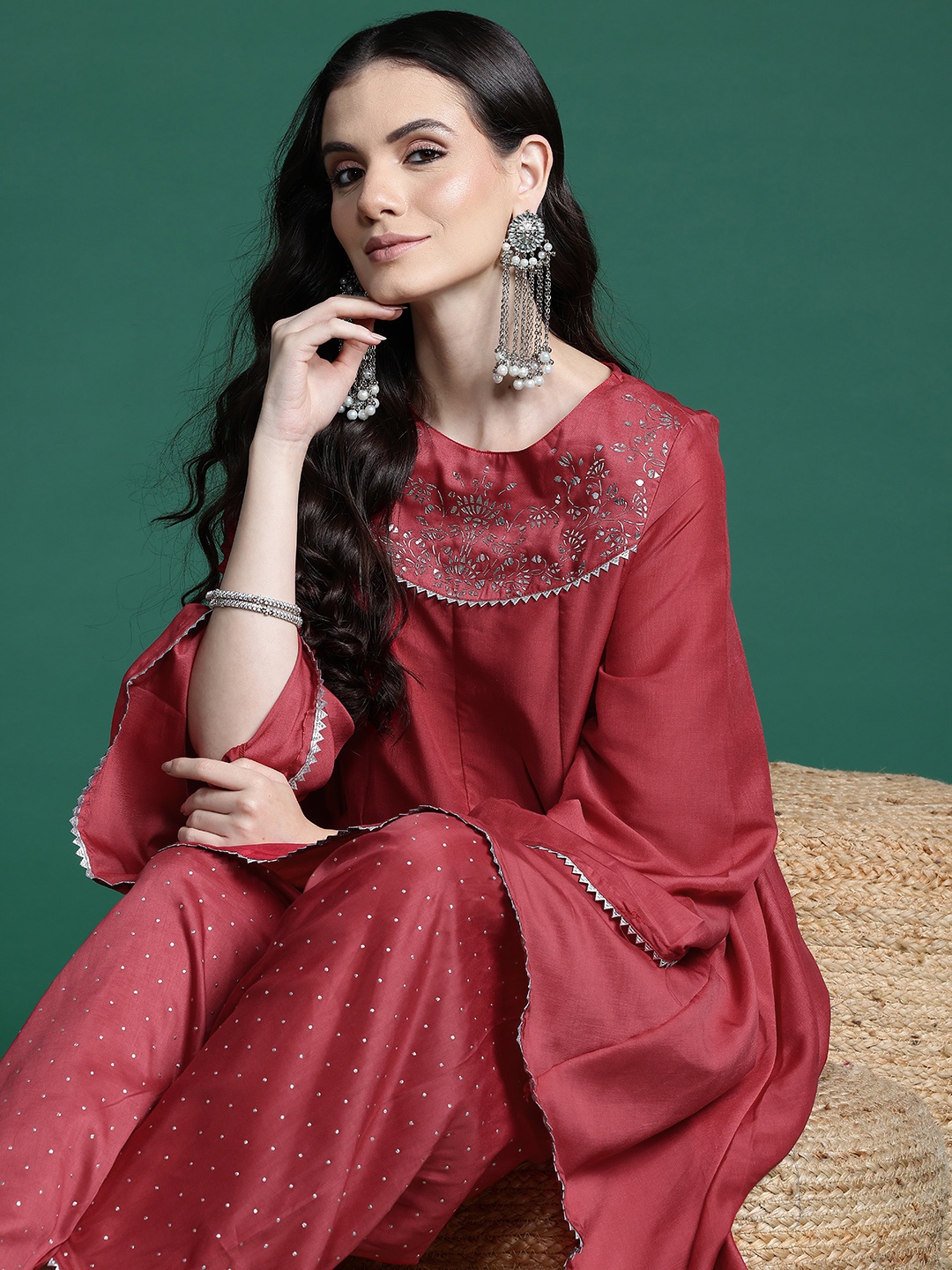 

Sangria Mukaish Gotta Patti & Mukaish Detail A-Line Kurta & Salwar, Red