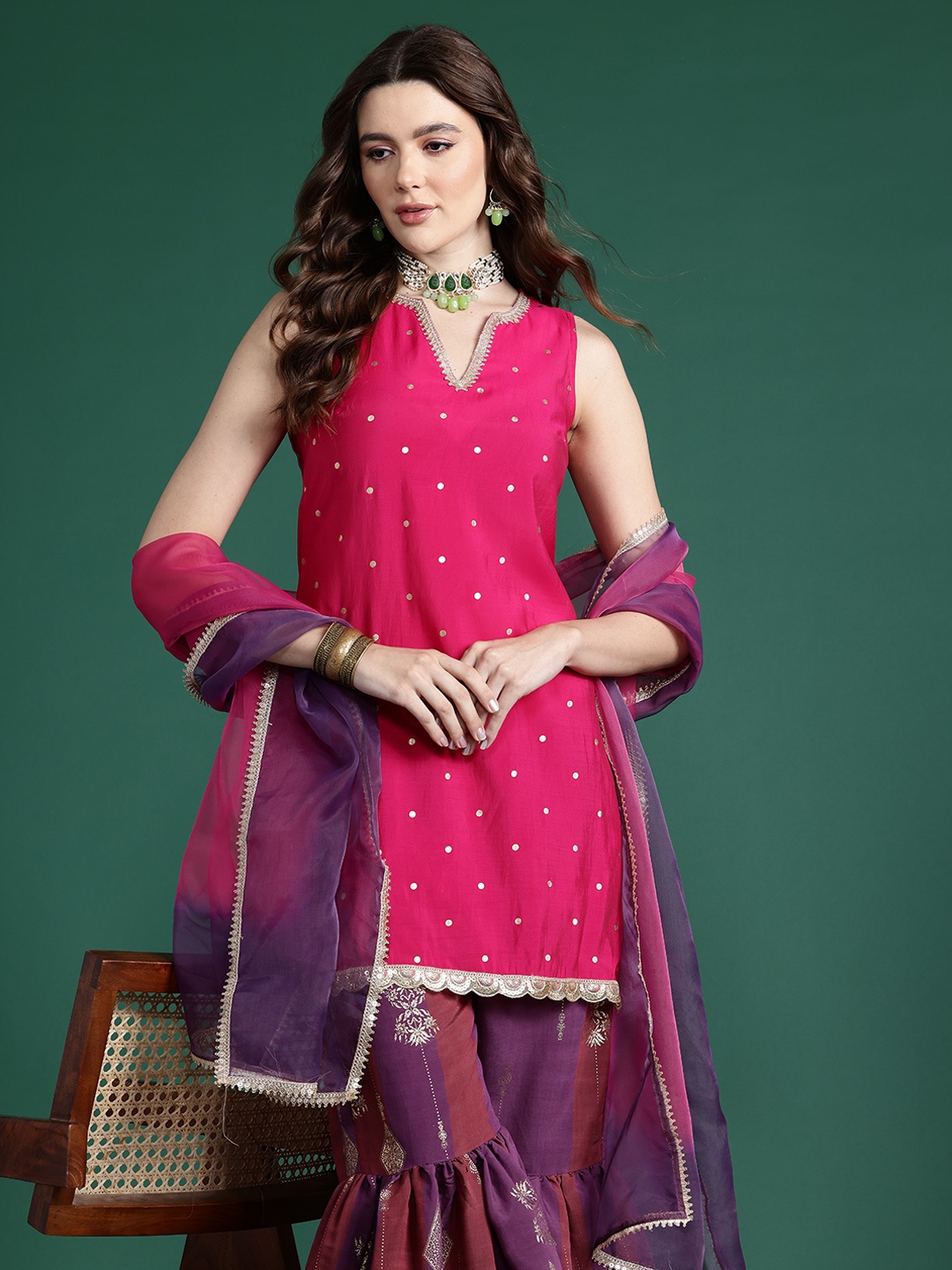 

Sangria Foil Ethnic Motifs Printed Gotta Patti Kurti with Sharara & With Dupatta, Pink