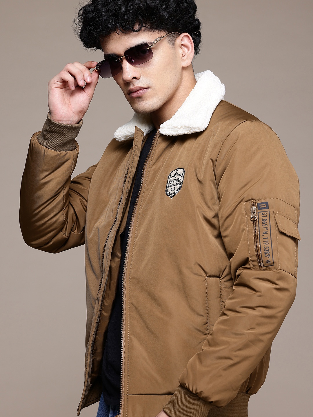 

The Roadster Lifestyle Co. Men Sherpa Trim Padded Jacket, Brown