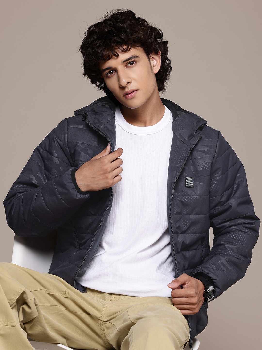 

The Roadster Lifestyle Co. Printed Hooded Padded Jacket, Charcoal