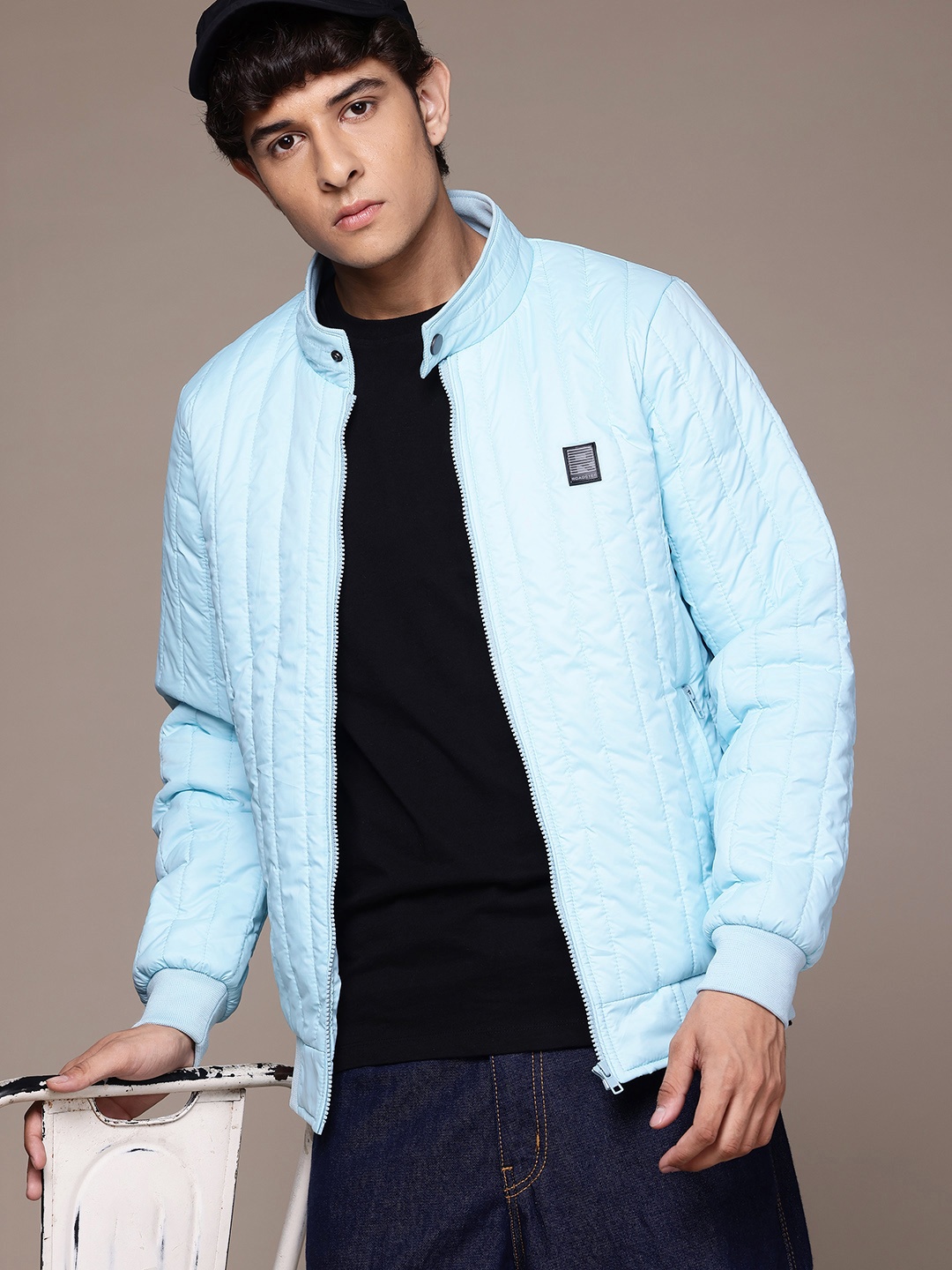 

Roadster Stand Collar Quilted Jacket With Zippered Pockets, Blue
