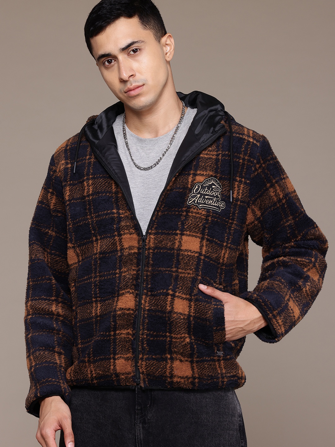 

The Roadster Lifestyle Co. Checked Fleece Hooded Tailored Jacket, Rust