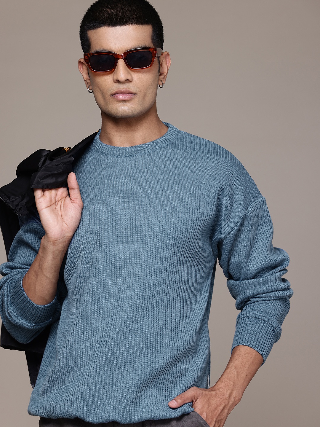 

The Roadster Lifestyle Co. Drop-Shoulder Ribbed Pullover, Blue