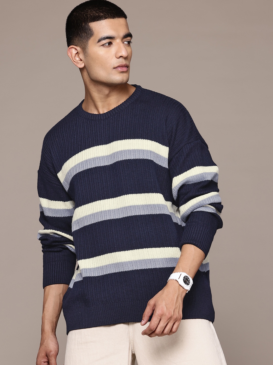 

The Roadster Lifestyle Co. Men Striped Pullover, Navy blue