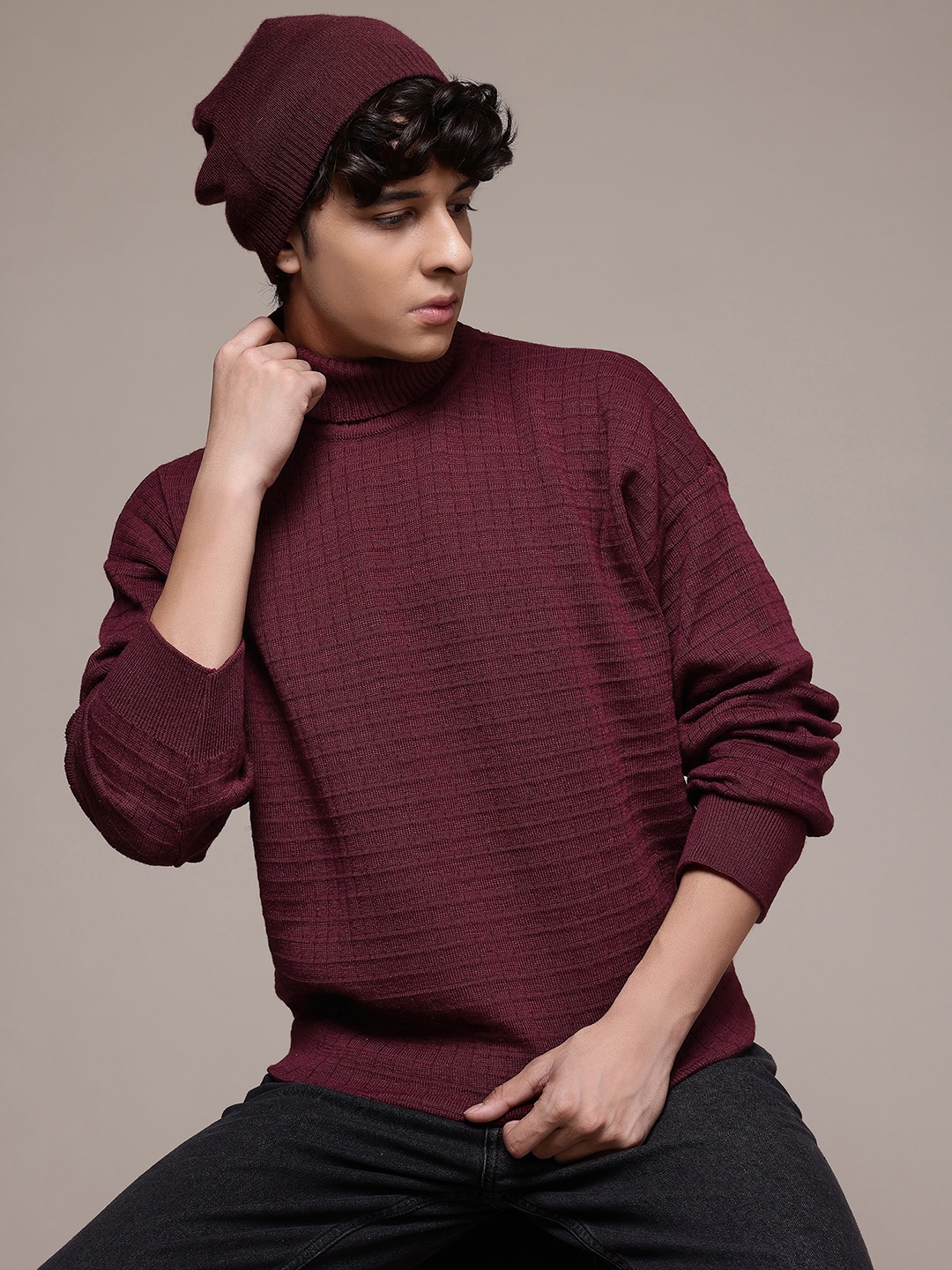 

The Roadster Lifestyle Co. Self-Checked Turtle Neck Pullover, Burgundy