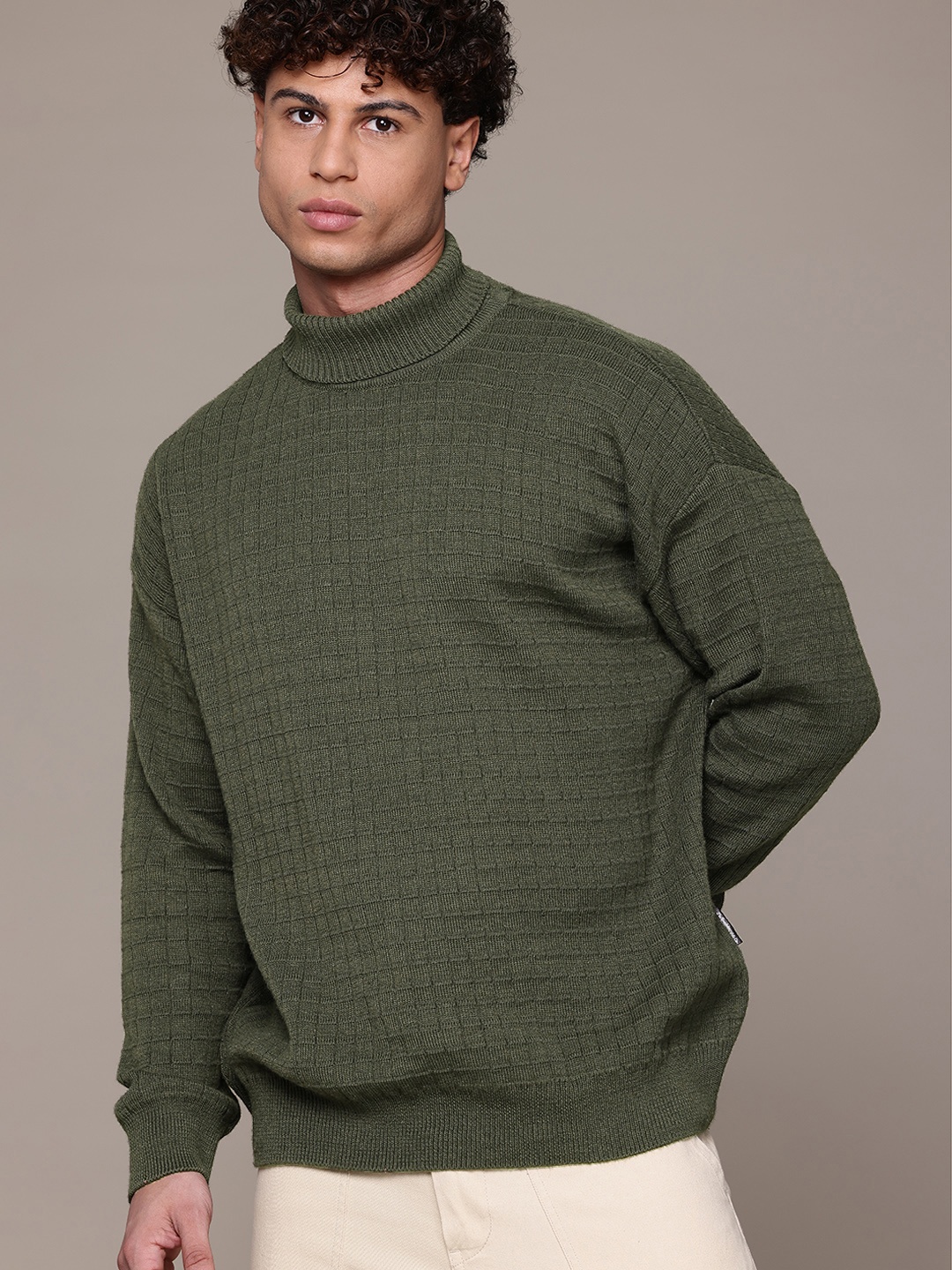 

The Roadster Life Co. Self Design Checked Turtle Neck Pullover Sweater, Olive