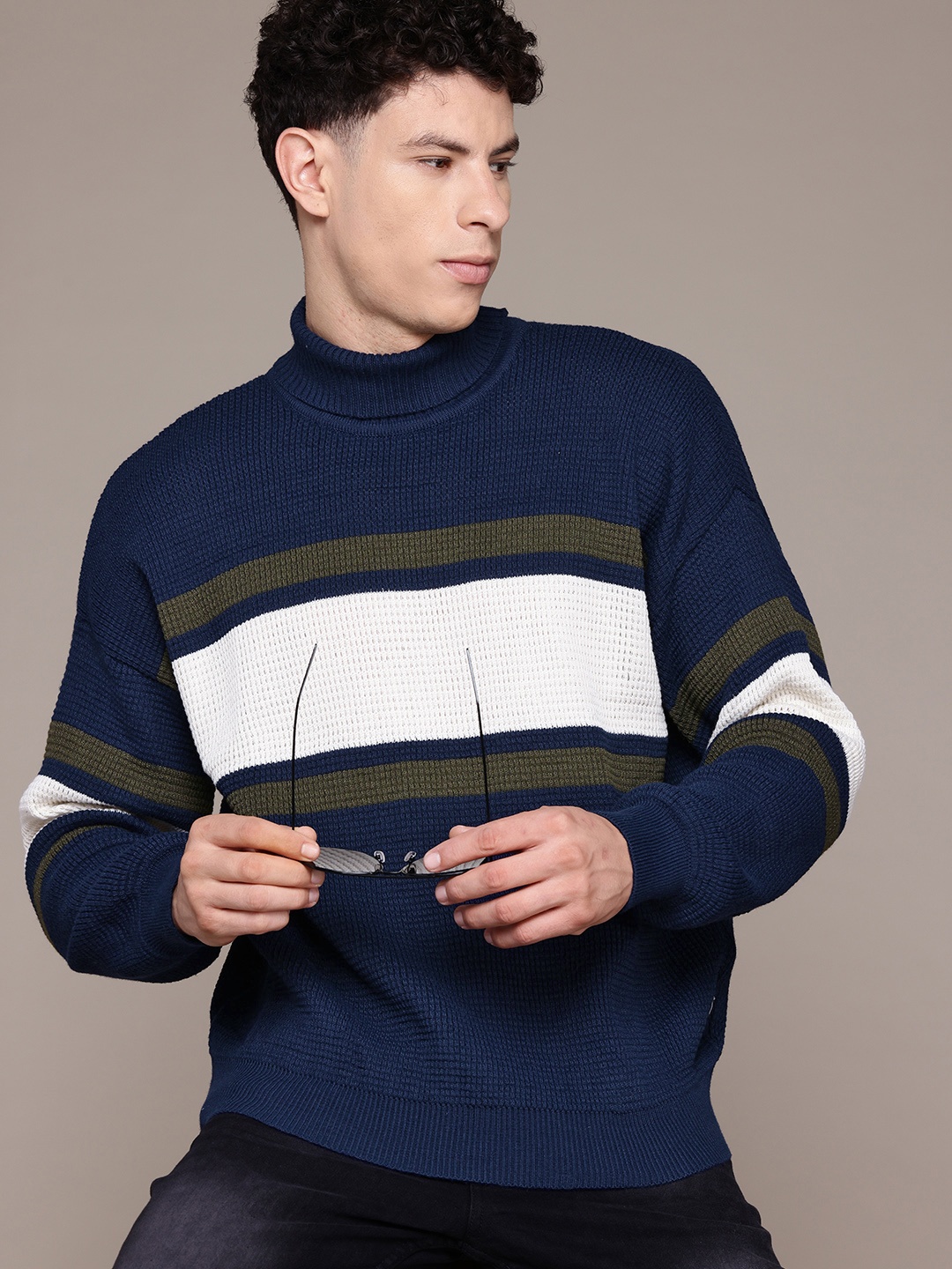 

The Roadster Lifestyle Co. Striped Drop-Shoulder Pullover, Navy blue