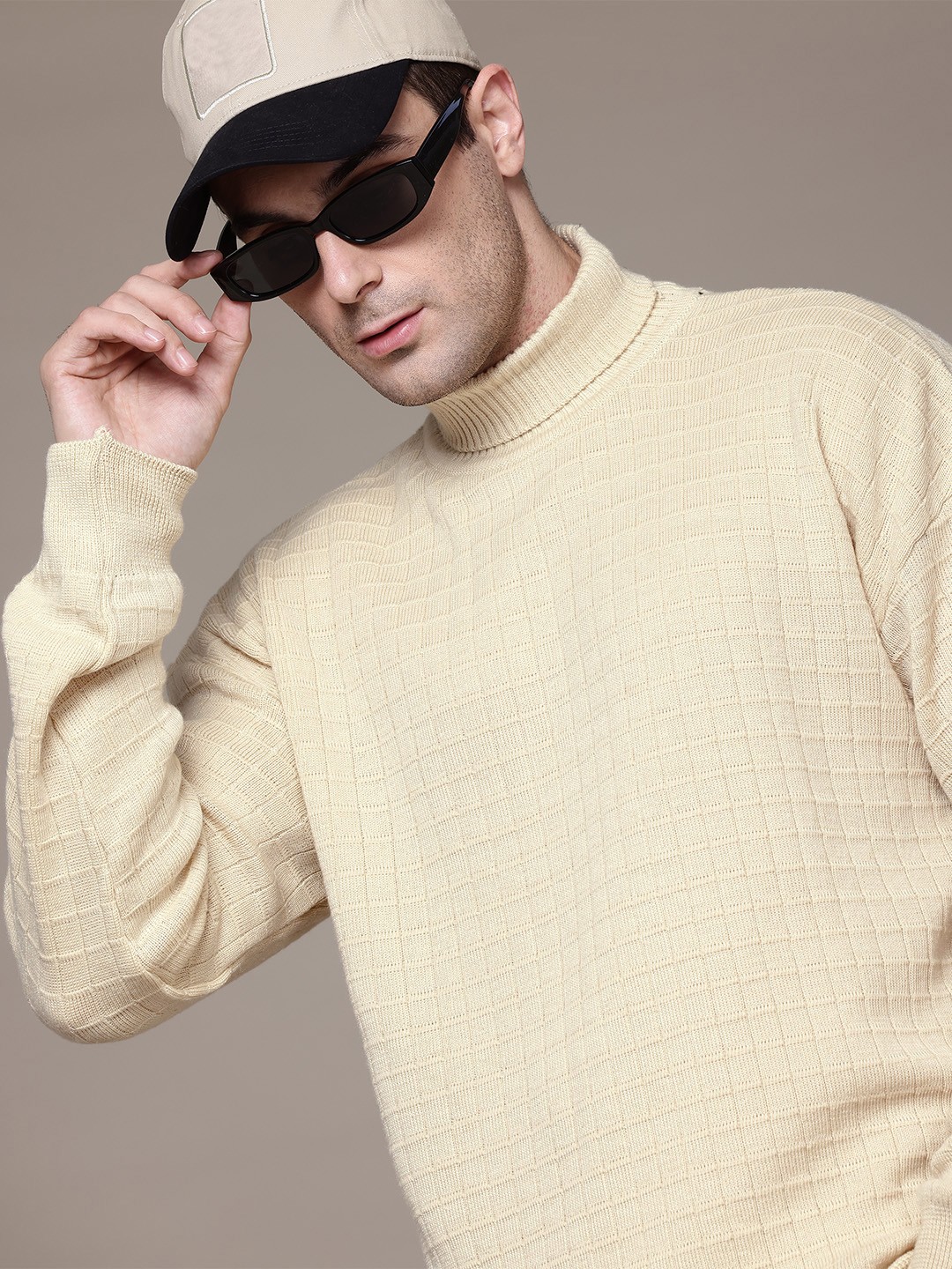 

The Roadster Lifestyle Co. Turtle Neck Self-Checked Knitted Pullover, Beige