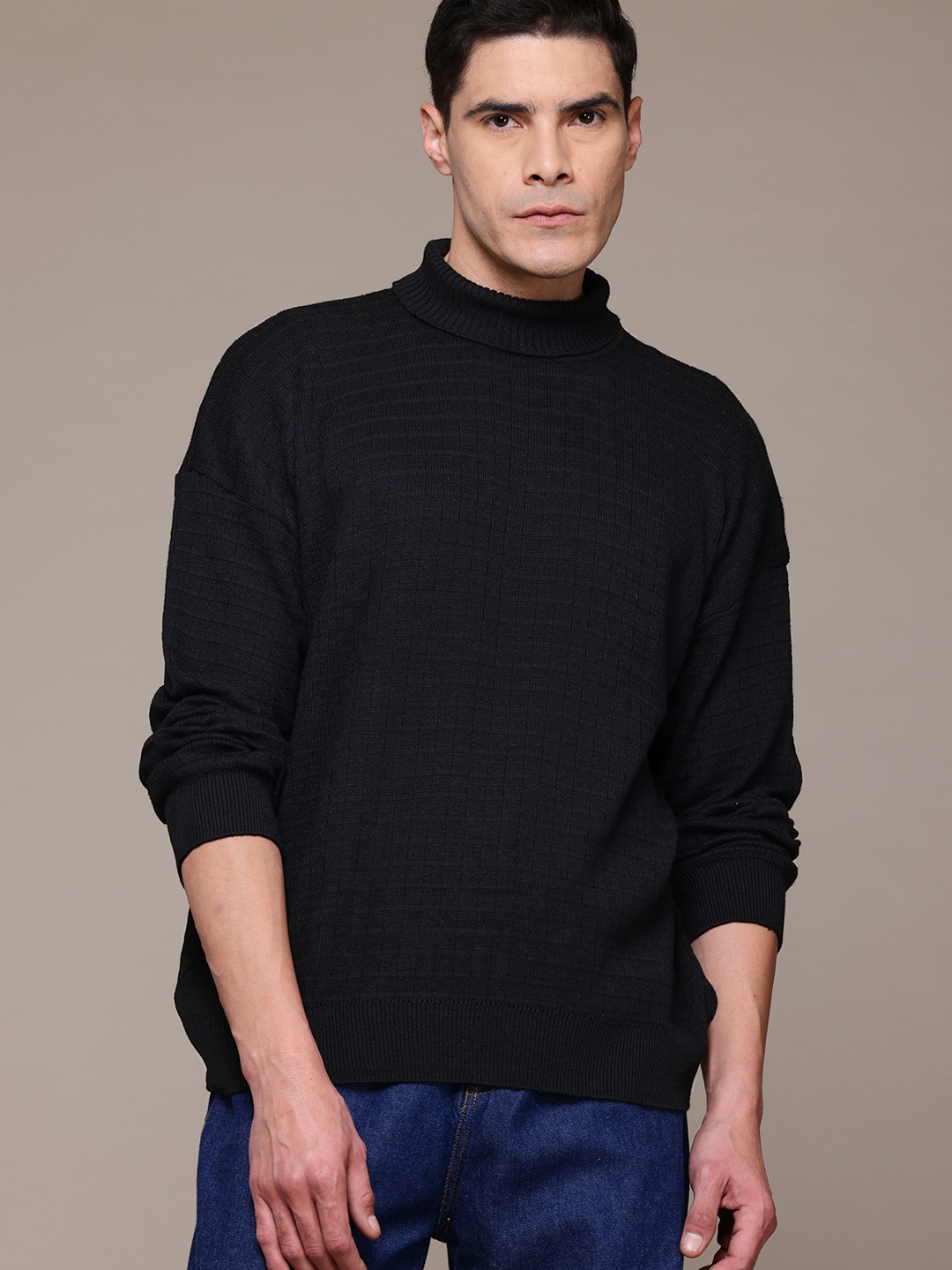 

The Roadster Lifestyle Co. Geometric Self Design Sweater, Black