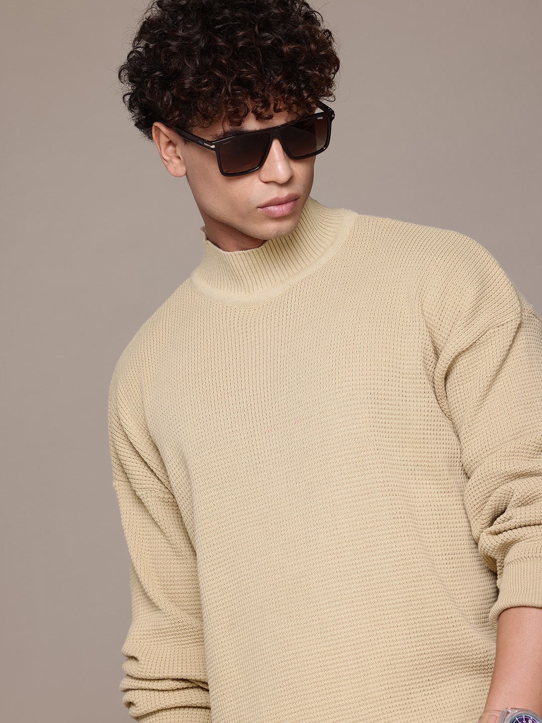 The Roadster Lifestyle Co. High Neck Textured Pullover, Beige