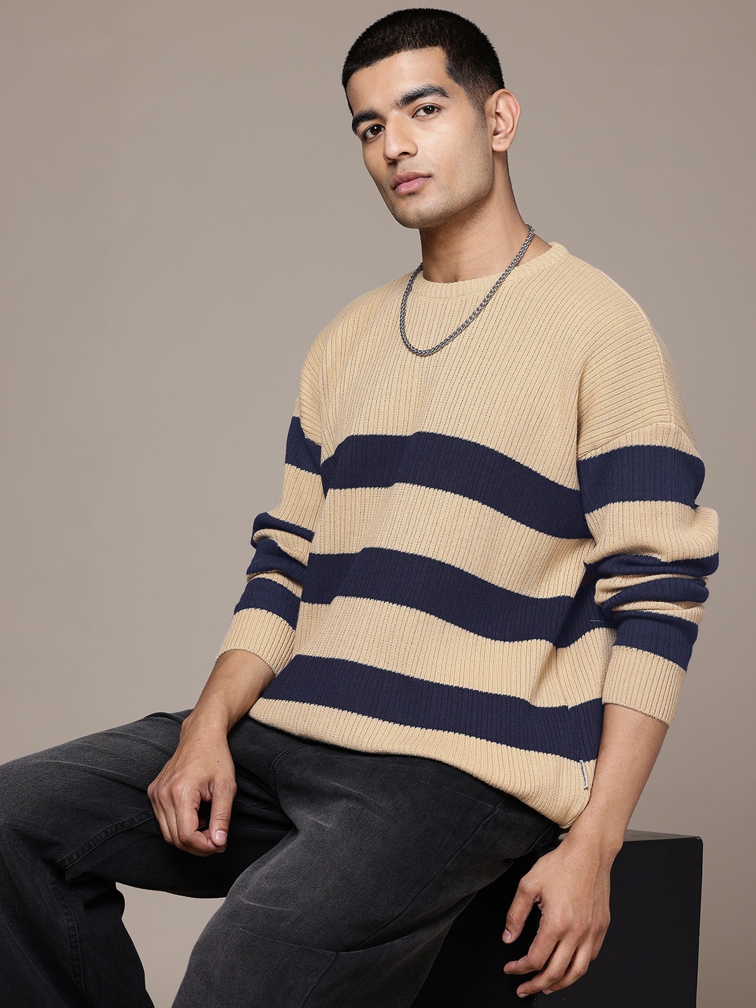 

The Roadster Lifestyle Co. Men Striped Pullover, Beige
