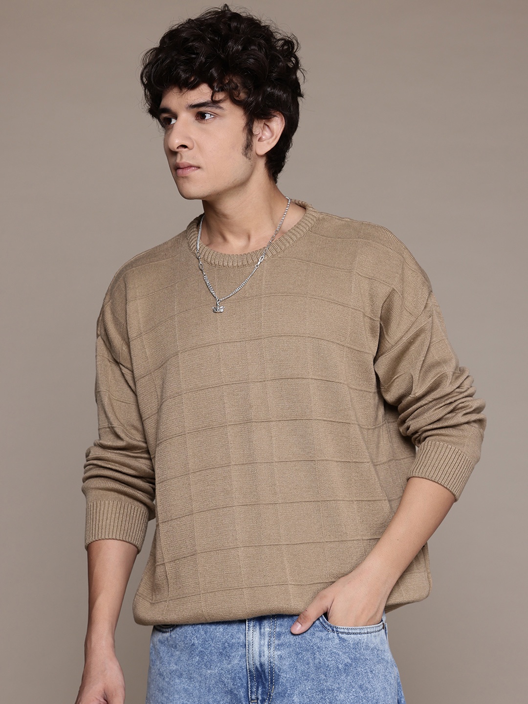 

The Roadster Lifestyle Co. Checked Textured Pullover, Brown