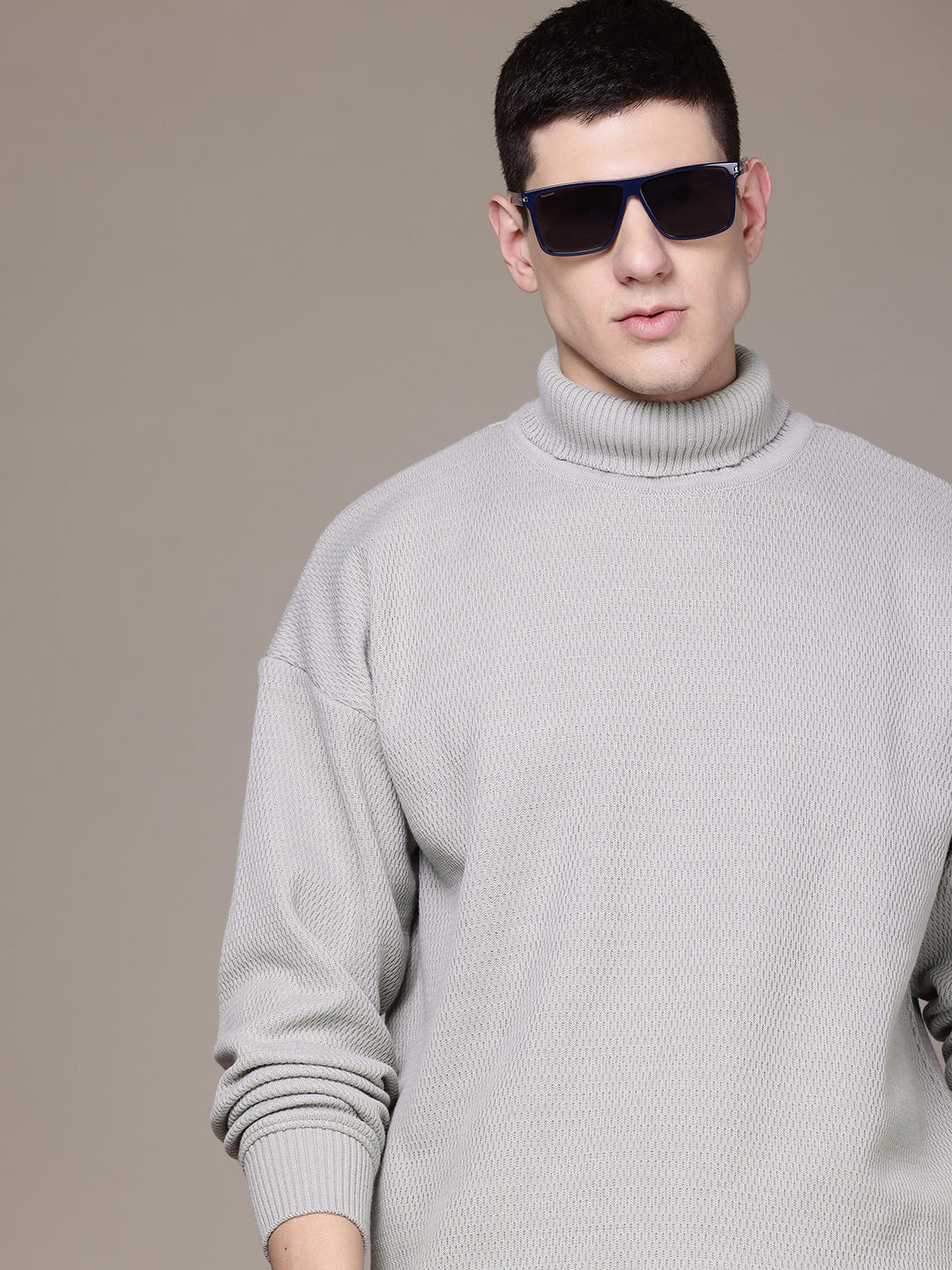 

The Roadster Lifestyle Co. Drop-Shoulder Textured Turtle Neck Pullover, Grey