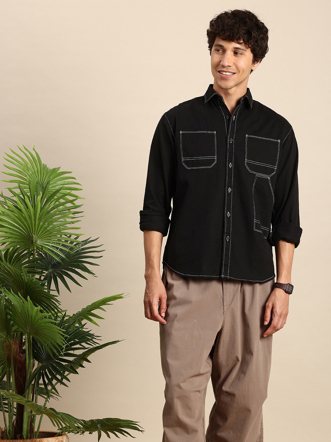 

Mast & Harbour Opaque Pure Cotton Casual Shirt, Black
