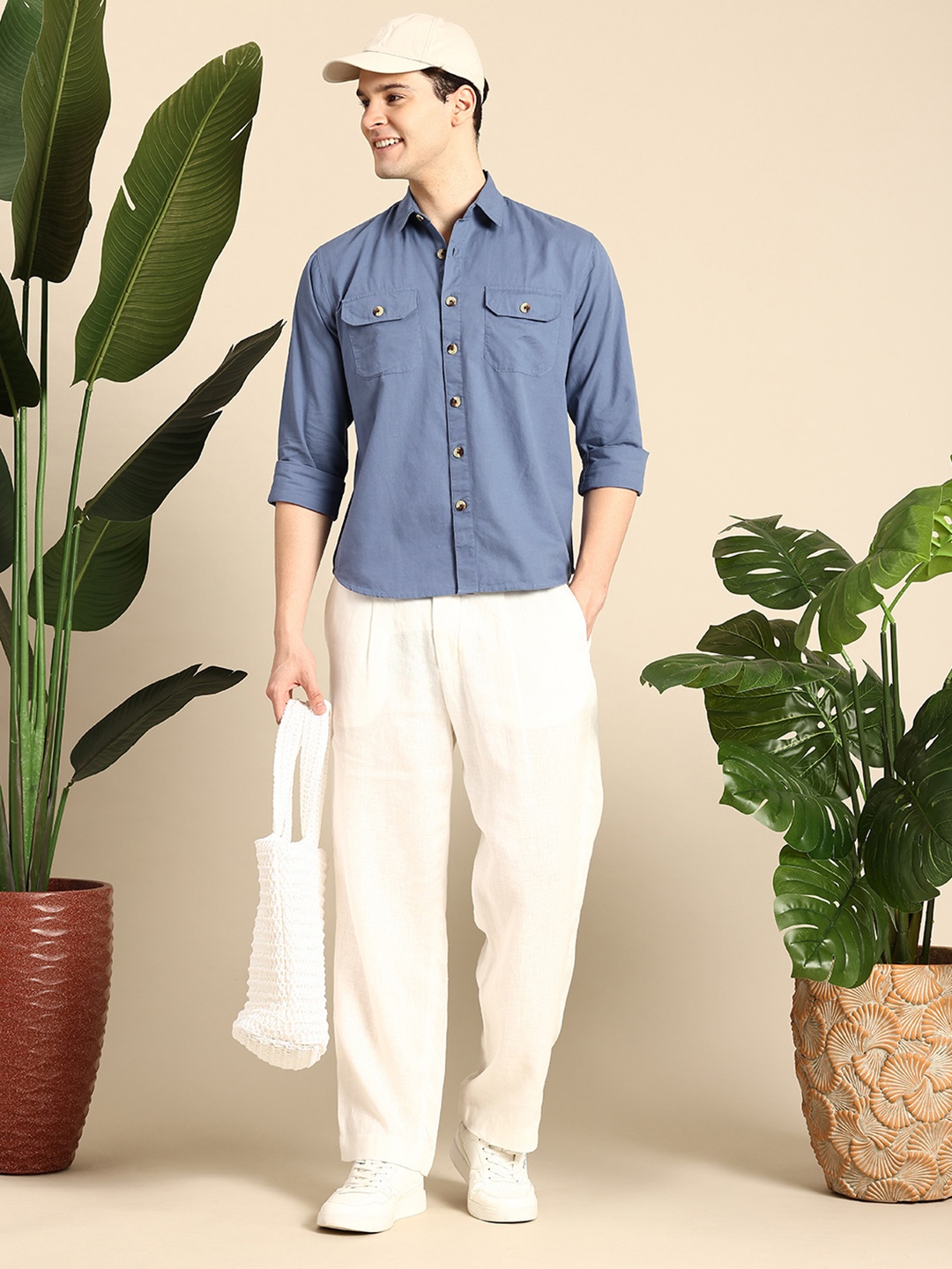 

Mast & Harbour Spread Collar Cotton-Linen Casual Relaxed Fit Shirt, Blue