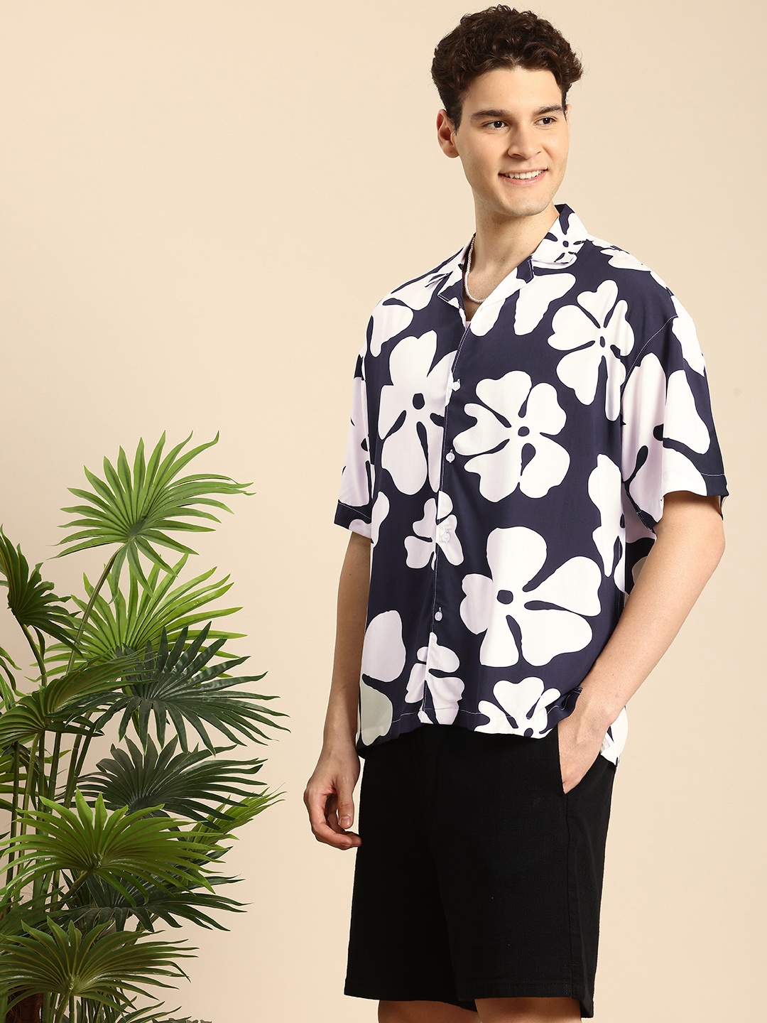 

Mast & Harbour Floral Printed Opaque Oversized Casual Shirt, Navy blue