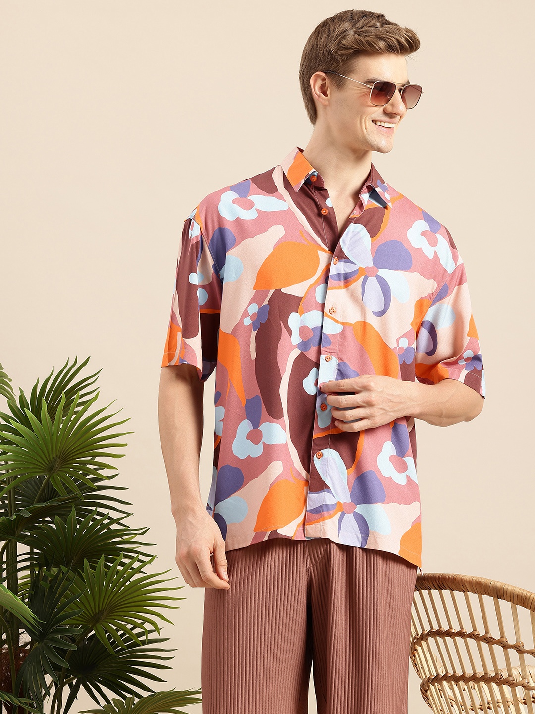 

Mast & Harbour Floral Printed Oversized Cutaway Collar Casual Shirt, Mauve