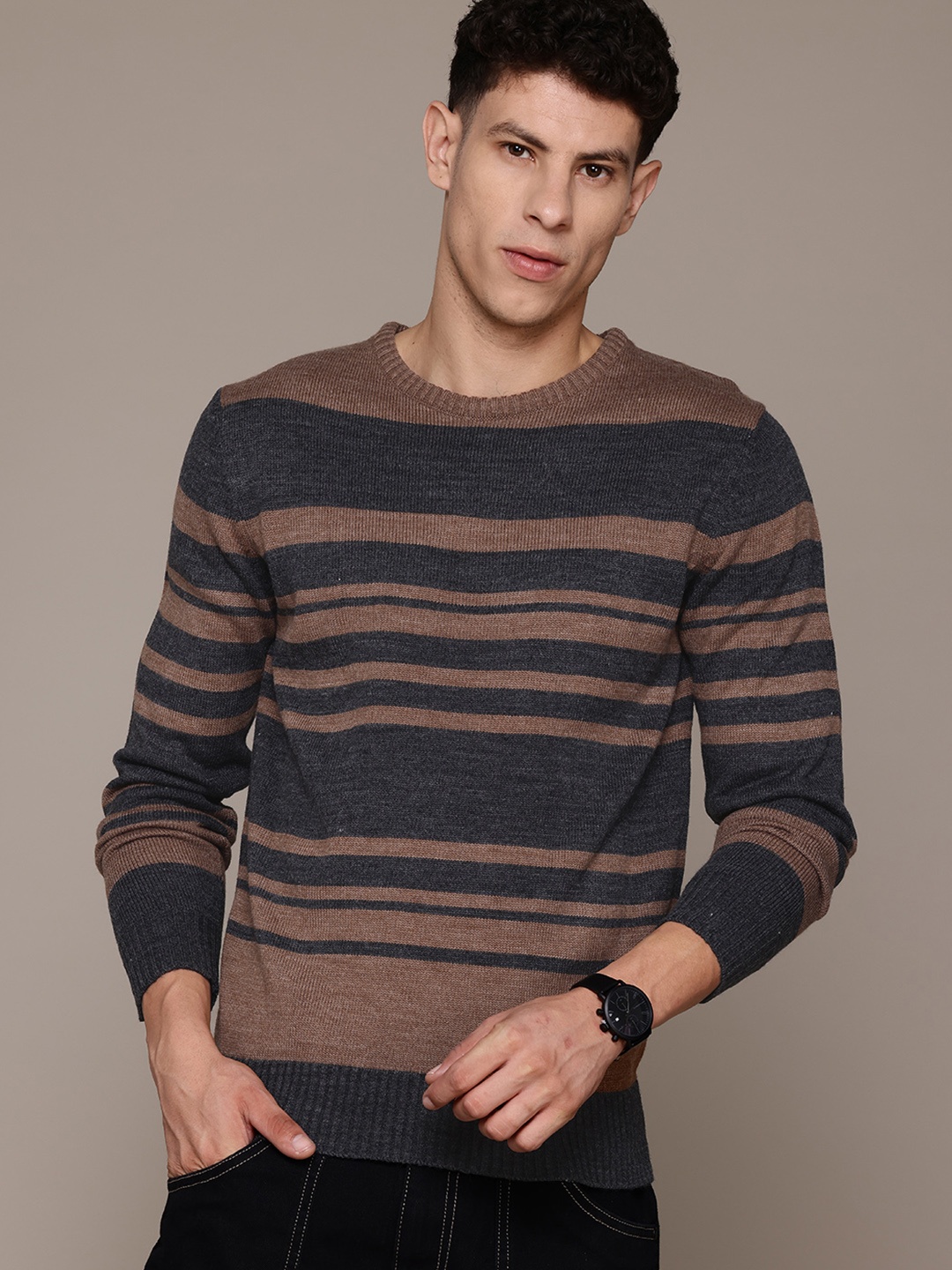 

The Roadster Lifestyle Co. Pure Acrylic Striped Pullover, Charcoal