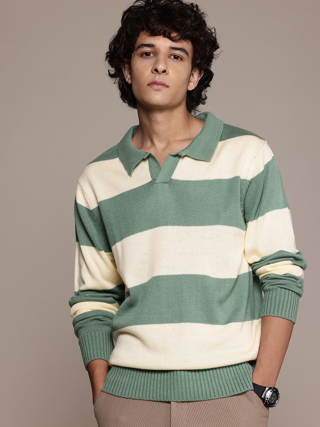 

The Roadster Lifestyle Co. Spread Collar Acrylic Striped Pullover, Green