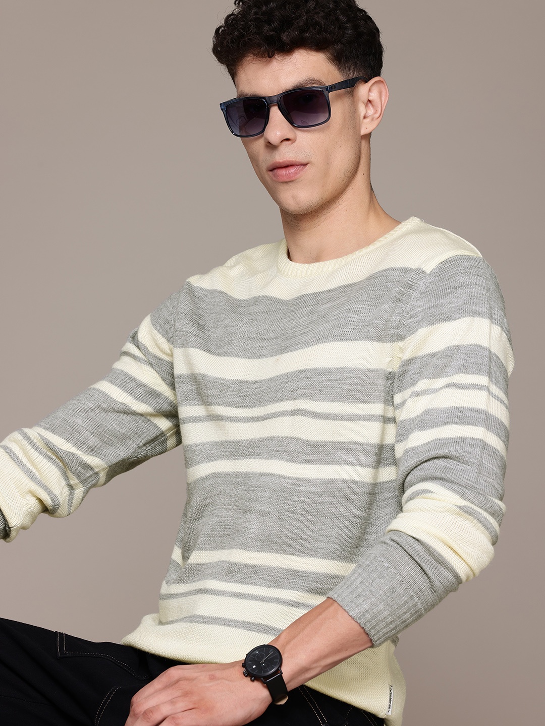 

The Roadster Lifestyle Co. Pure Acrylic Striped Pullover, Cream