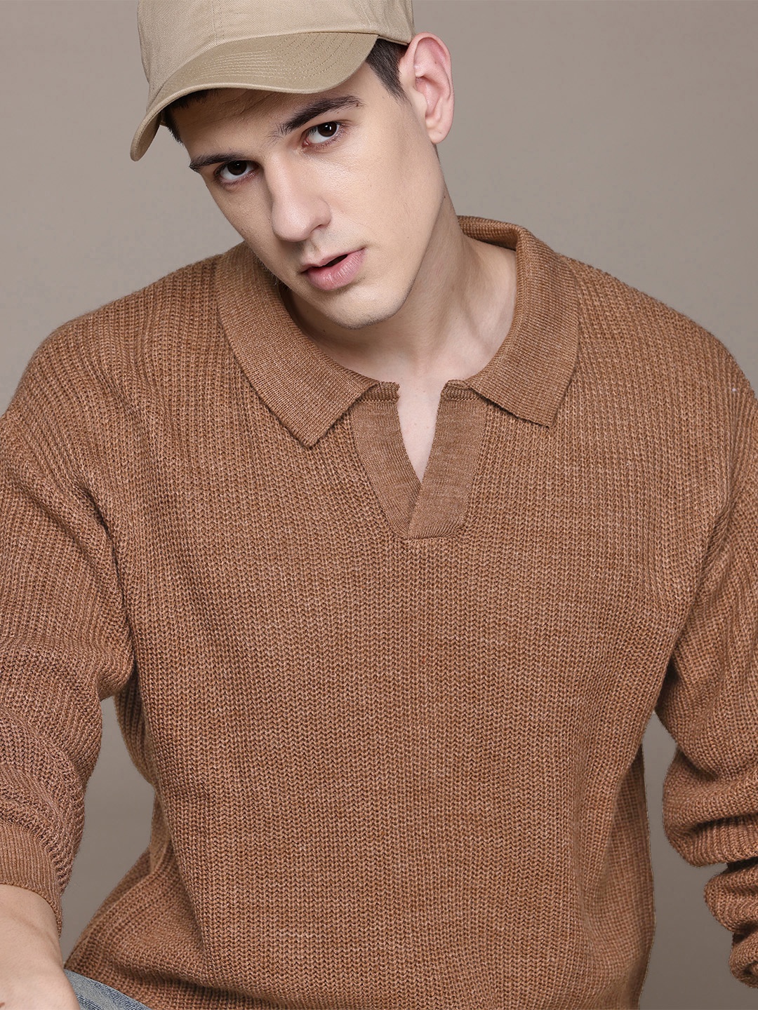 

The Roadster Lifestyle Co. Polo Collar Ribbed Sweaters, Brown