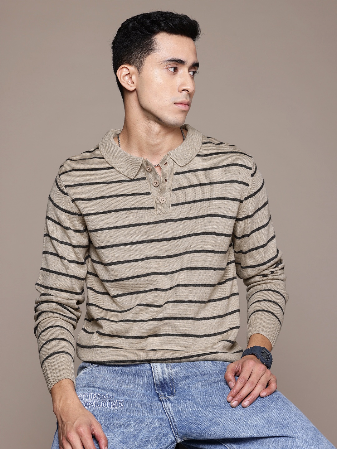 

The Roadster Lifestyle Co. Polo Collar Striped Pullover, Beige